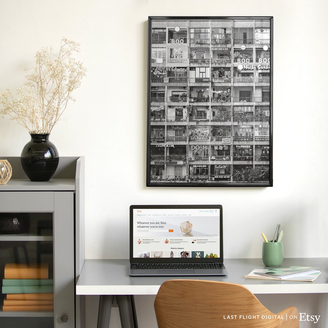 Ho Chi Minh City Cafe Apartments Facade Black And White Street Poster - Image 2
