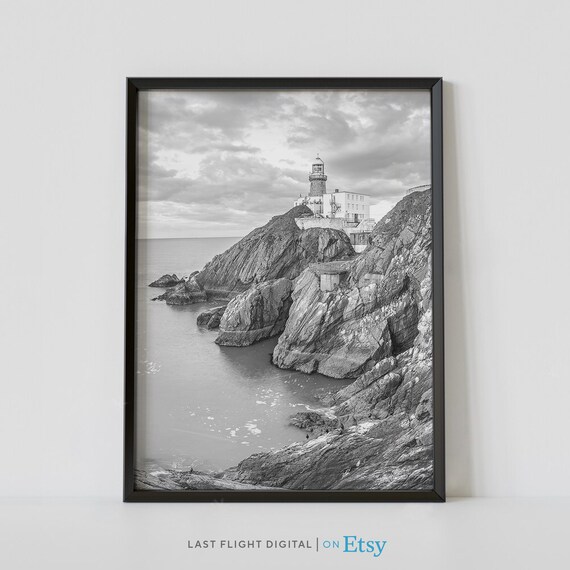 Ireland Dublin Baily Lighthouse Rocky Coast Black White Poster