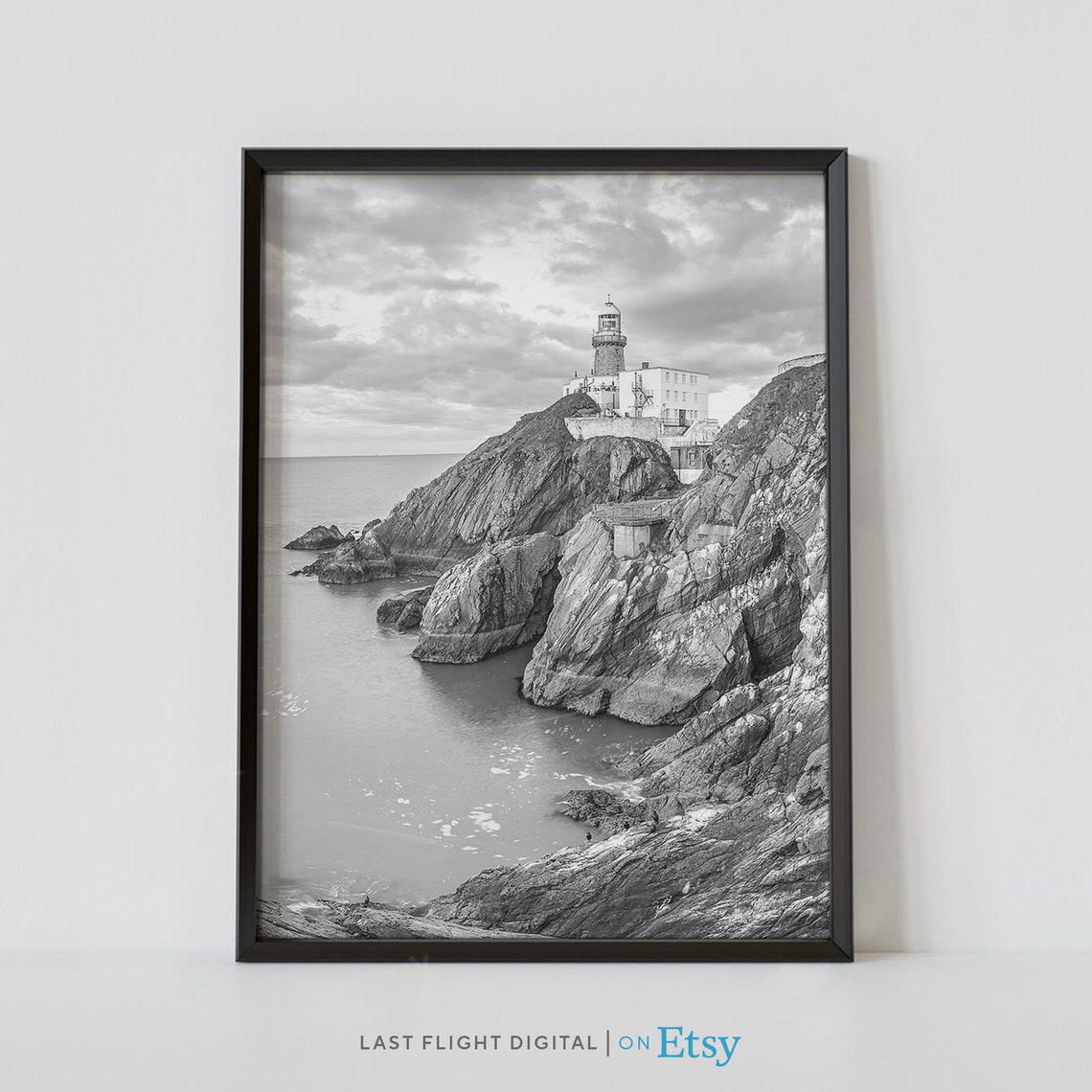 Ireland Dublin Baily Lighthouse Rocky Coast Black White Poster
