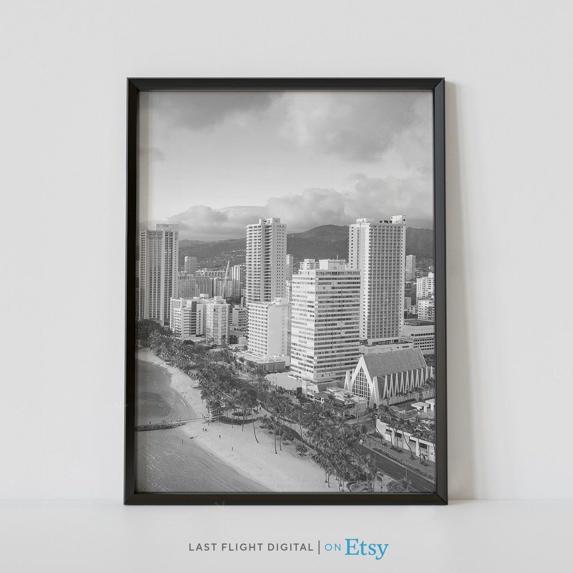 Honolulu Hawaii Waikiki Beach Hotels Coastline Black White Poster