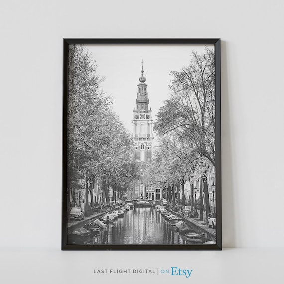 Amsterdam Print Netherlands Poster Westerkerk Church Amsterdam Canals Amsterdam Poster Travel Europe Black White Photo Art
