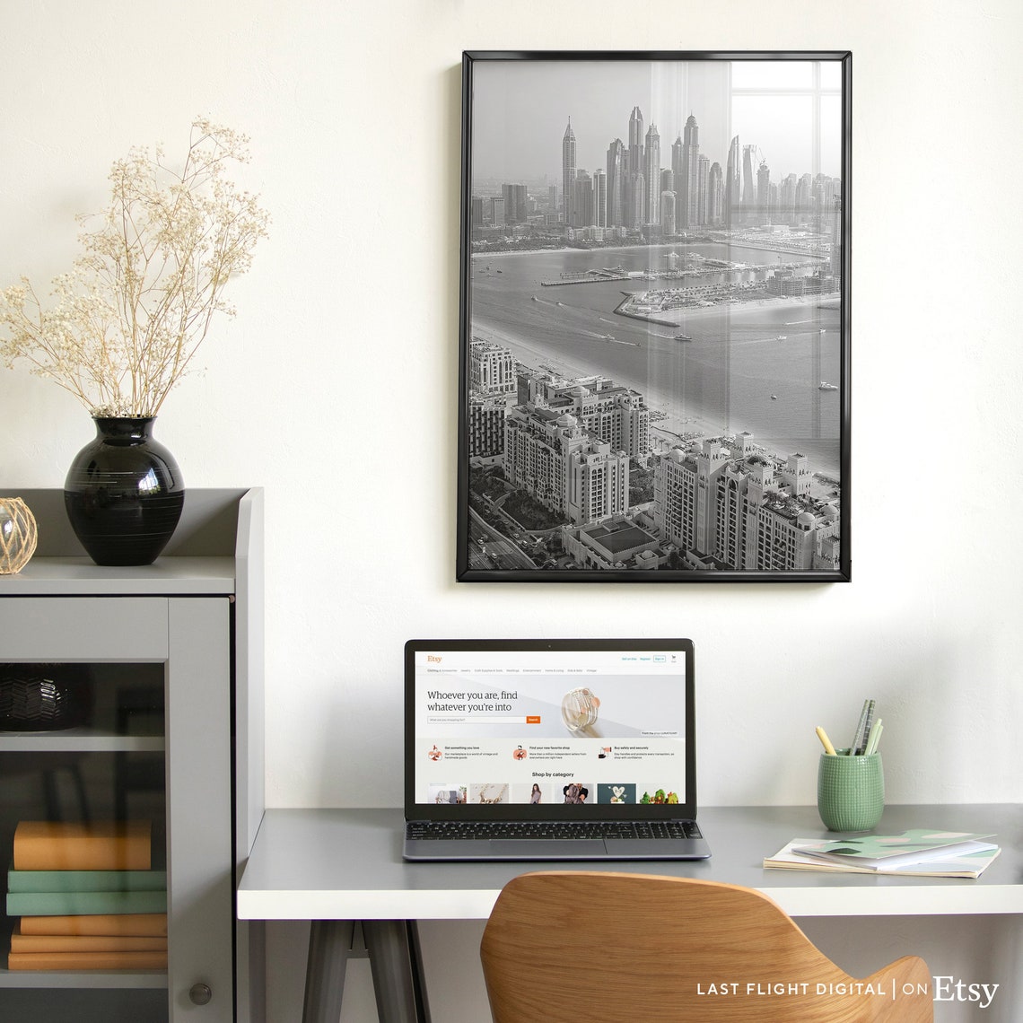 Dubai Marina Skyline Aerial Coastline Black And White Photo Poster - Image 3