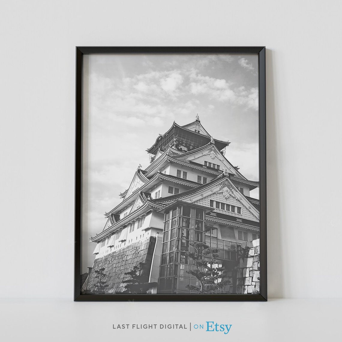 Japan Osaka Castle Stone Walls Skyline Black And White Poster