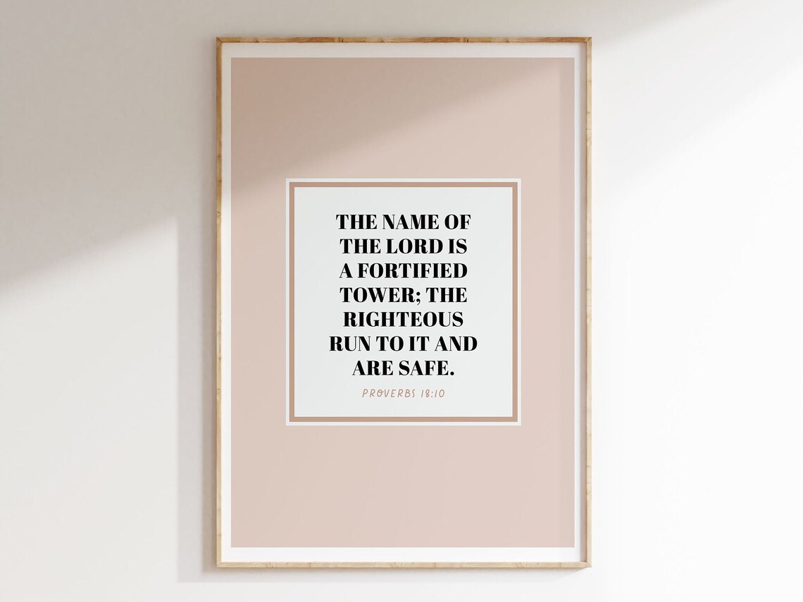 Proverbs 18:10 Fortified Tower Bible Verse Beige Framed Minimalist Poster