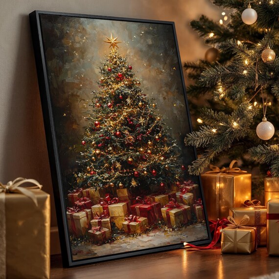 Golden Christmas Tree With Presents Moody Holiday Painting Canvas Poster