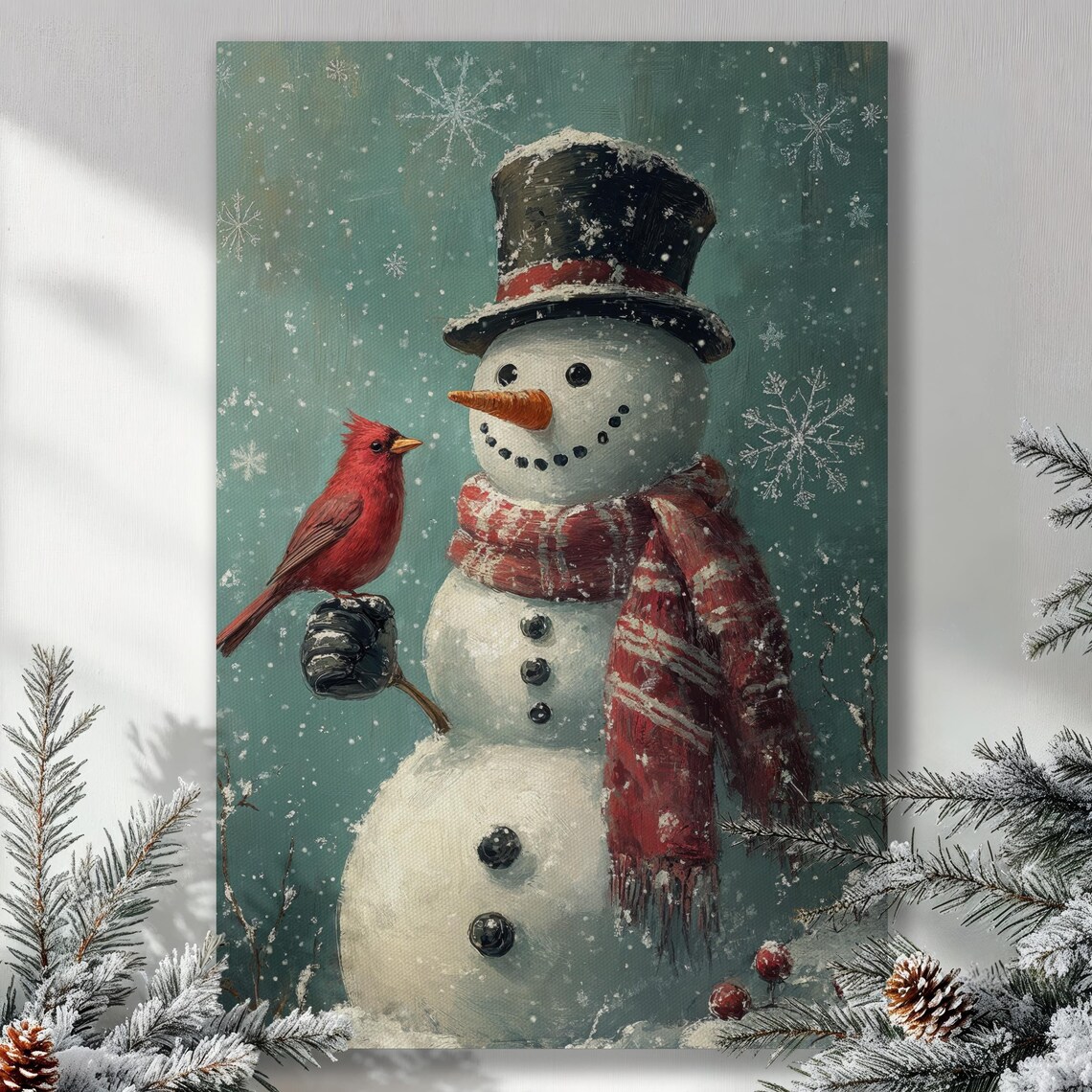 Snowman and Red Cardinal Christmas Poster Festive Winter Painting Decor