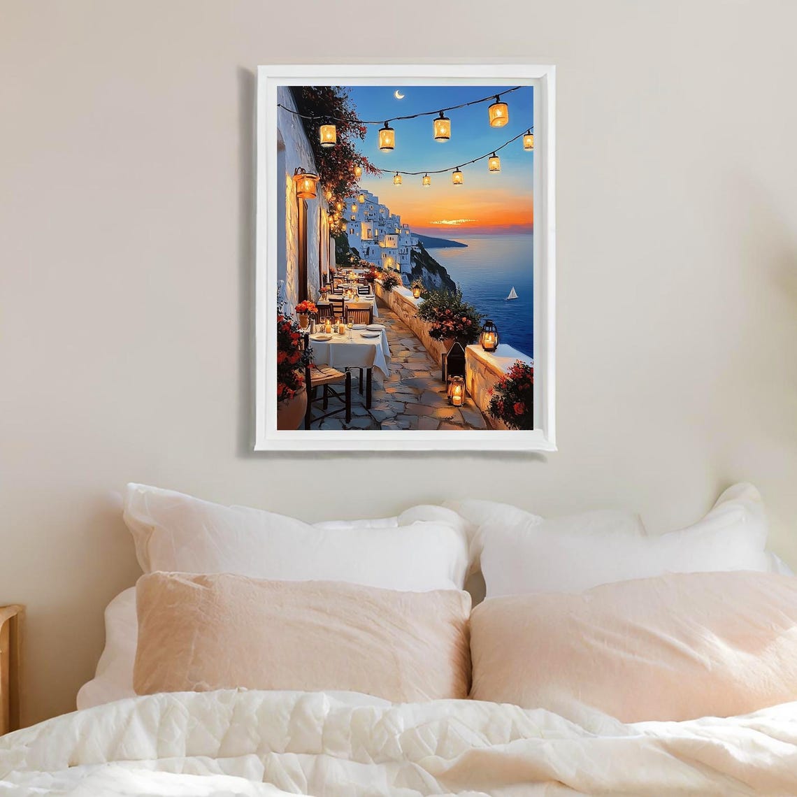 Santorini Cliffside Taverna String Lights Dusk Travel Poster - Image 2
