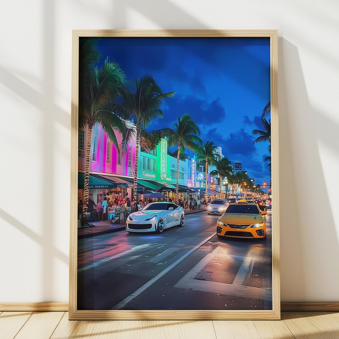 Miami Ocean Drive Night Neon Art Deco Street Cars Florida Poster