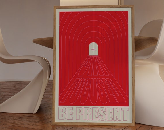 Stay Focused Be Present Retro Red Wall Art Trendy Retro Wall Art Bold Red Minimalist Wall Art Colorful Poster Modern Red Room Decor