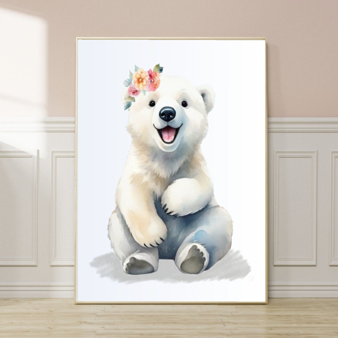 Cute Bear Floral Crown Bea Baby Woodland Animals Baby Animal Nursery Wall Art Girls Room Decor Baby Bear Woodland Baby Girl Decor - Image 2