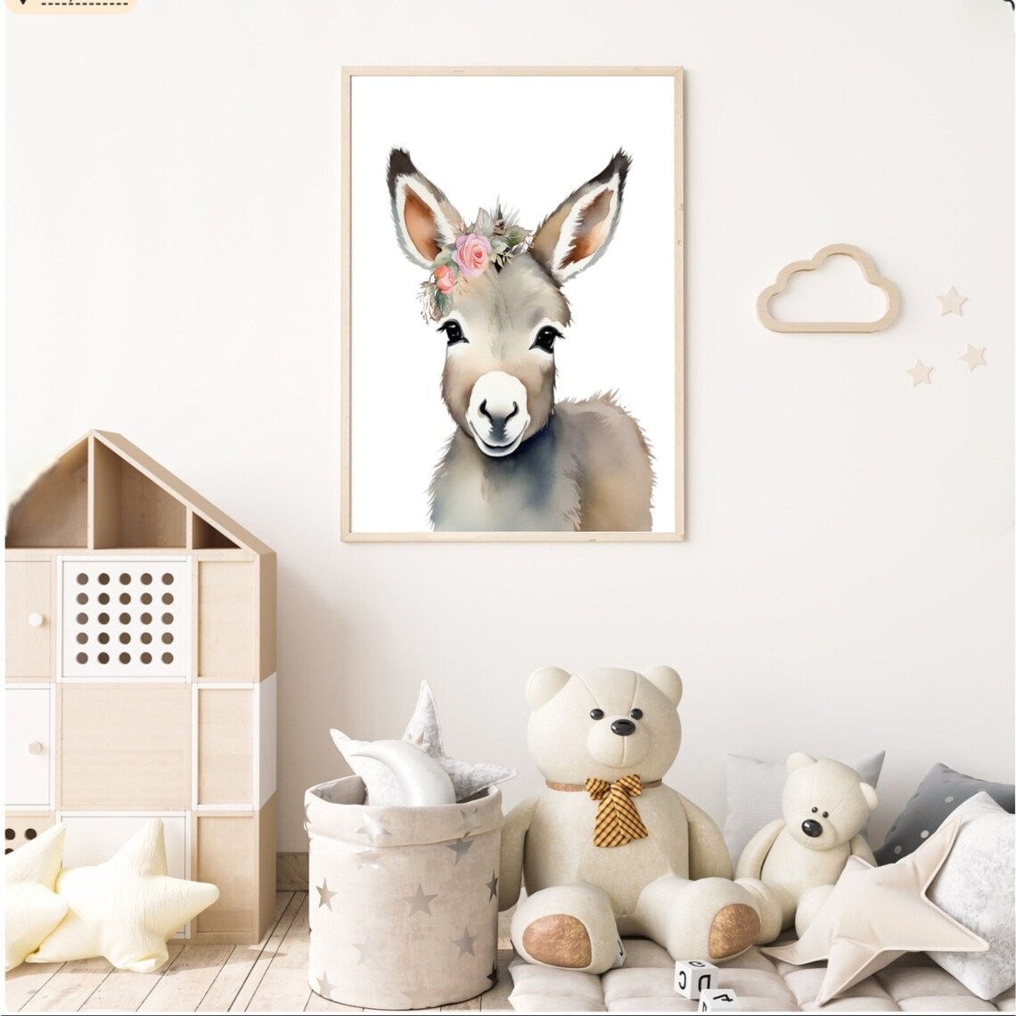 Watercolor Donkey Flower Crown Farm Animal Nursery Kids Room Poster - Image 2