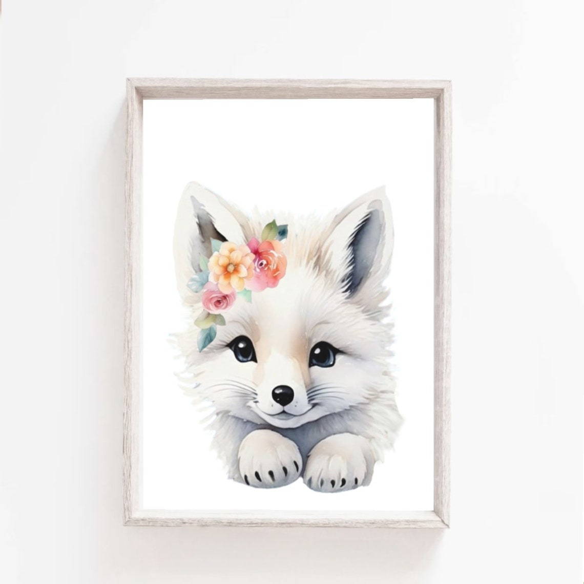White Arctic Fox Flower Crown Watercolor Baby Animal Nursery Poster