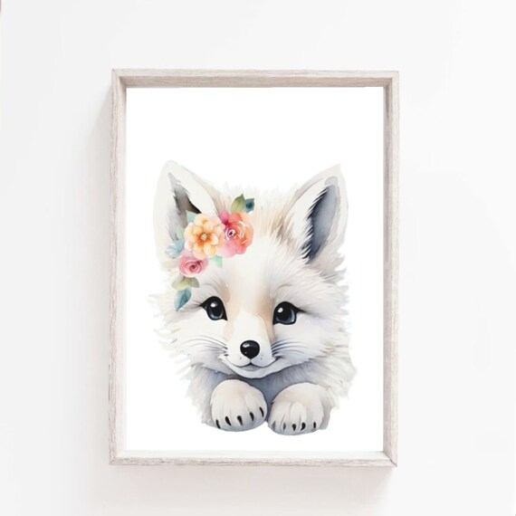 White Arctic Fox Flower Crown Watercolor Baby Animal Nursery Poster