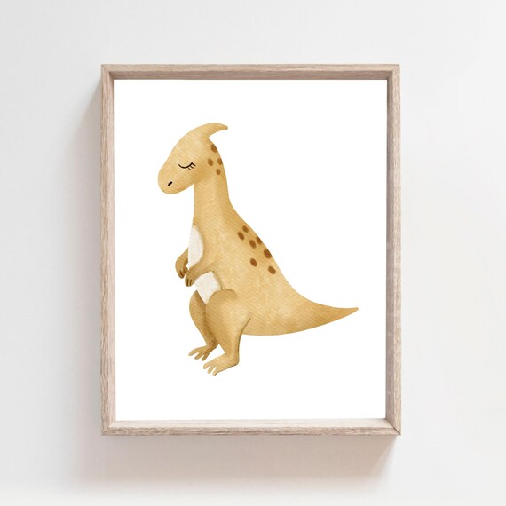 Standing Tan Parasaurolophus Watercolor Dinosaur Nursery Poster