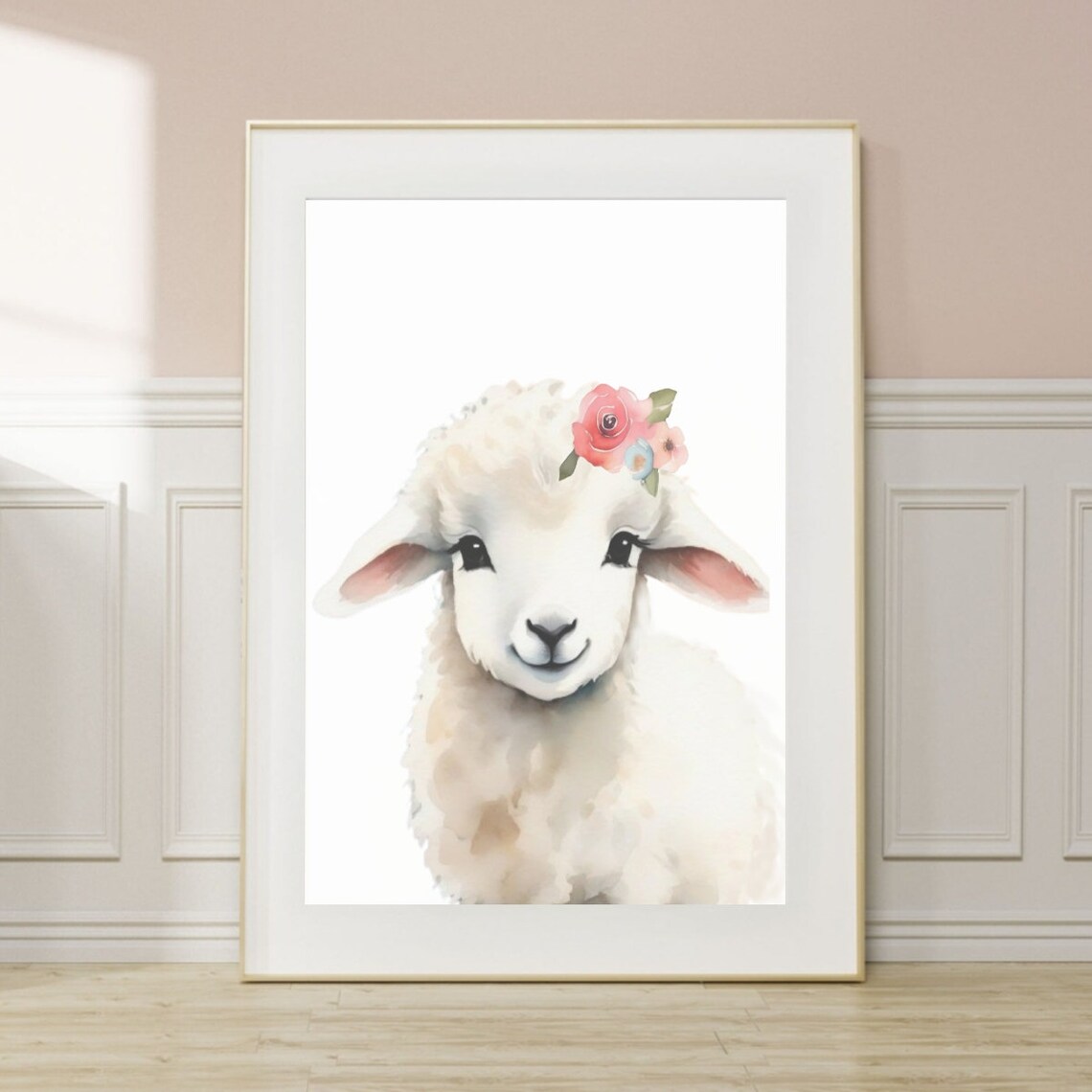 Smiling Baby Lamb Pink Flower Crown Cute Nursery Room Art Poster - Image 2