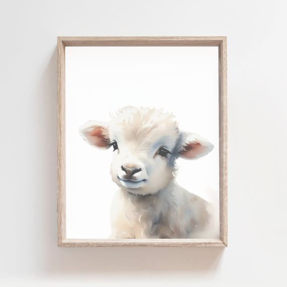 White Baby Lamb Close Up Watercolor Farm Animal Nursery Kids Room Poster