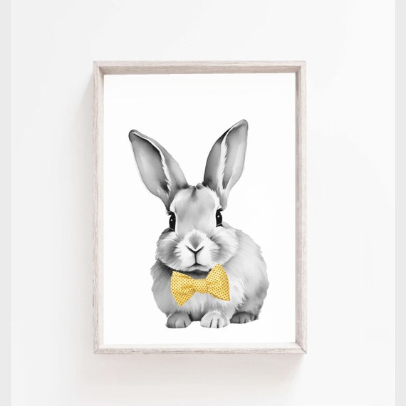 Bunny Print Bow Tie Baby Nursery Wall Art Rabbit Art Bunny Nursery Boys Room Decor Baby Animal Print Black And White