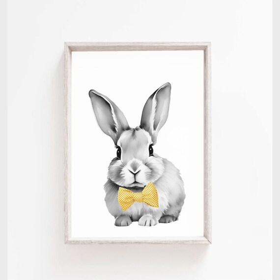 Cute Gray Bunny Rabbit Yellow Bow Tie Watercolor Nursery Poster