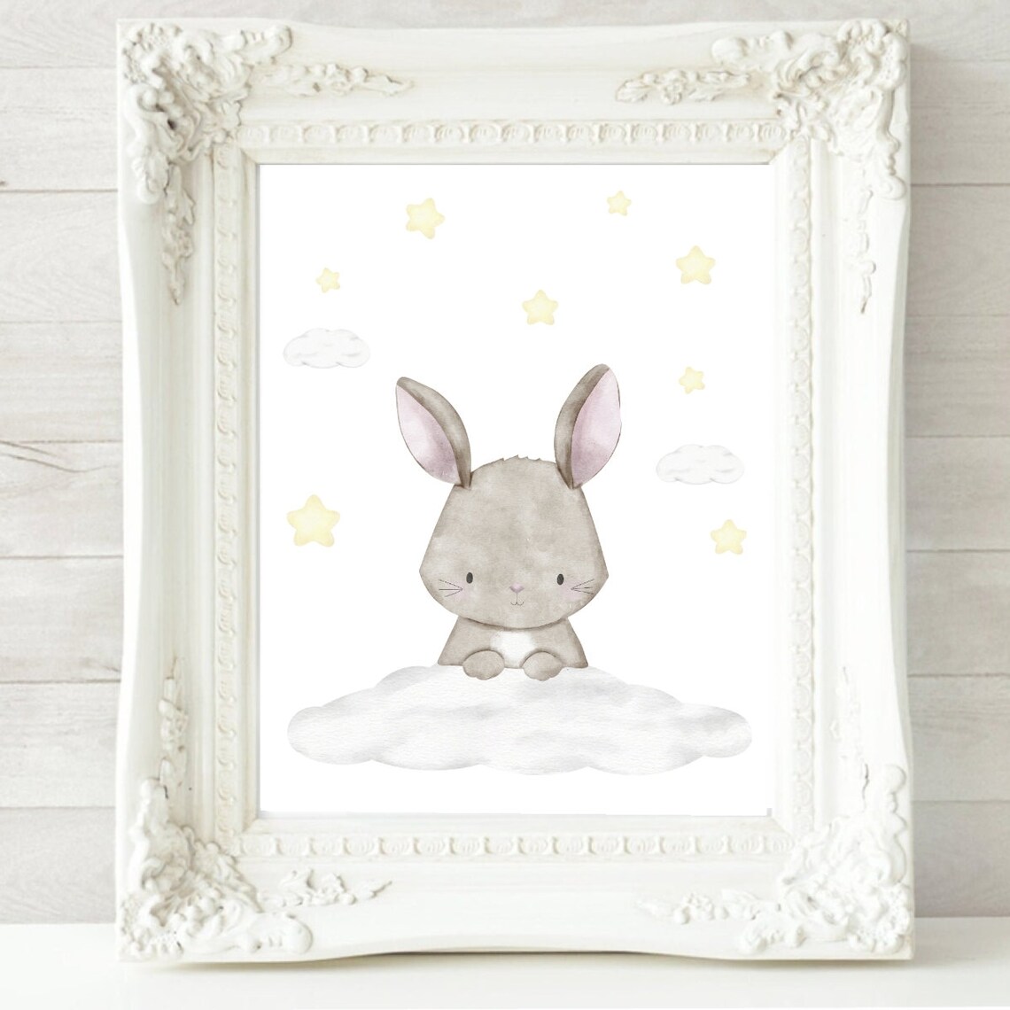 Sweet Gray Bunny On Cloud With Stars Watercolor Nursery Poster - Image 2