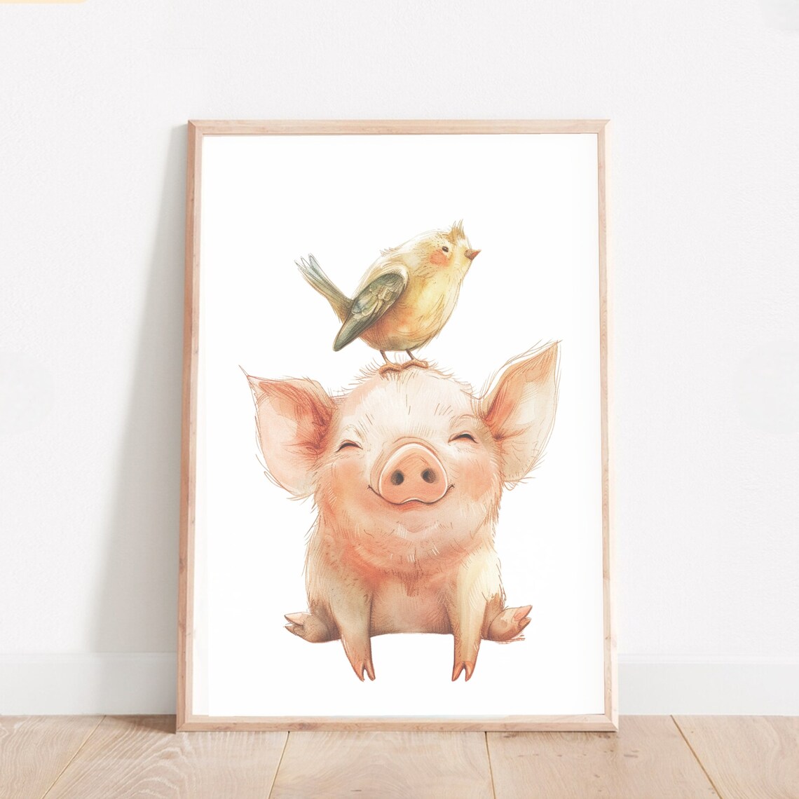 Happy Pink Pig With Bird On Head Watercolor Farm Animal Nursery Kids Poster - Image 2