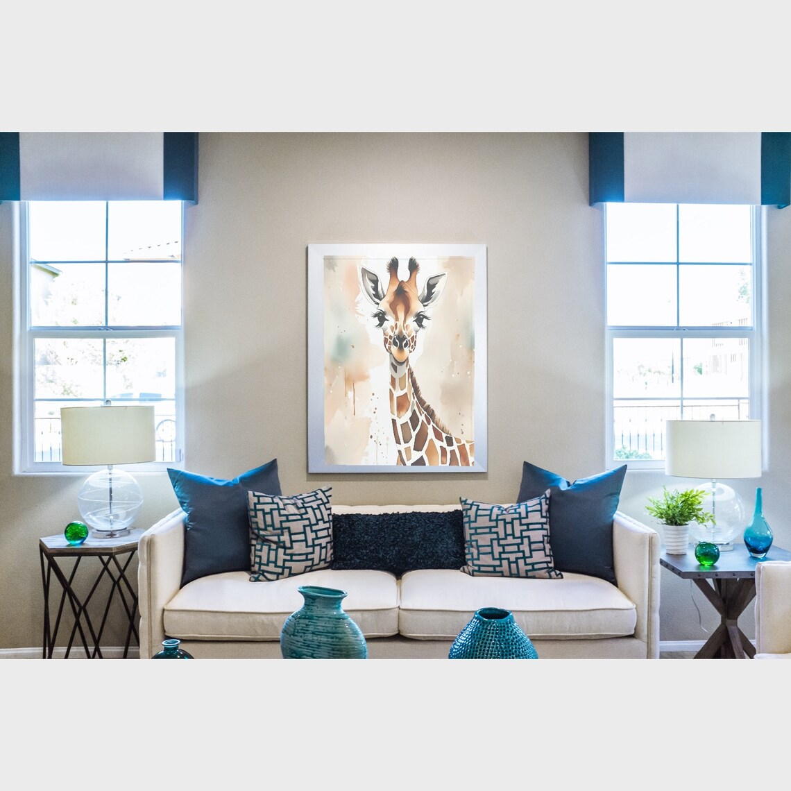 Baby Giraffe Watercolor Portrait Tall Spots Safari Nursery Poster - Image 3