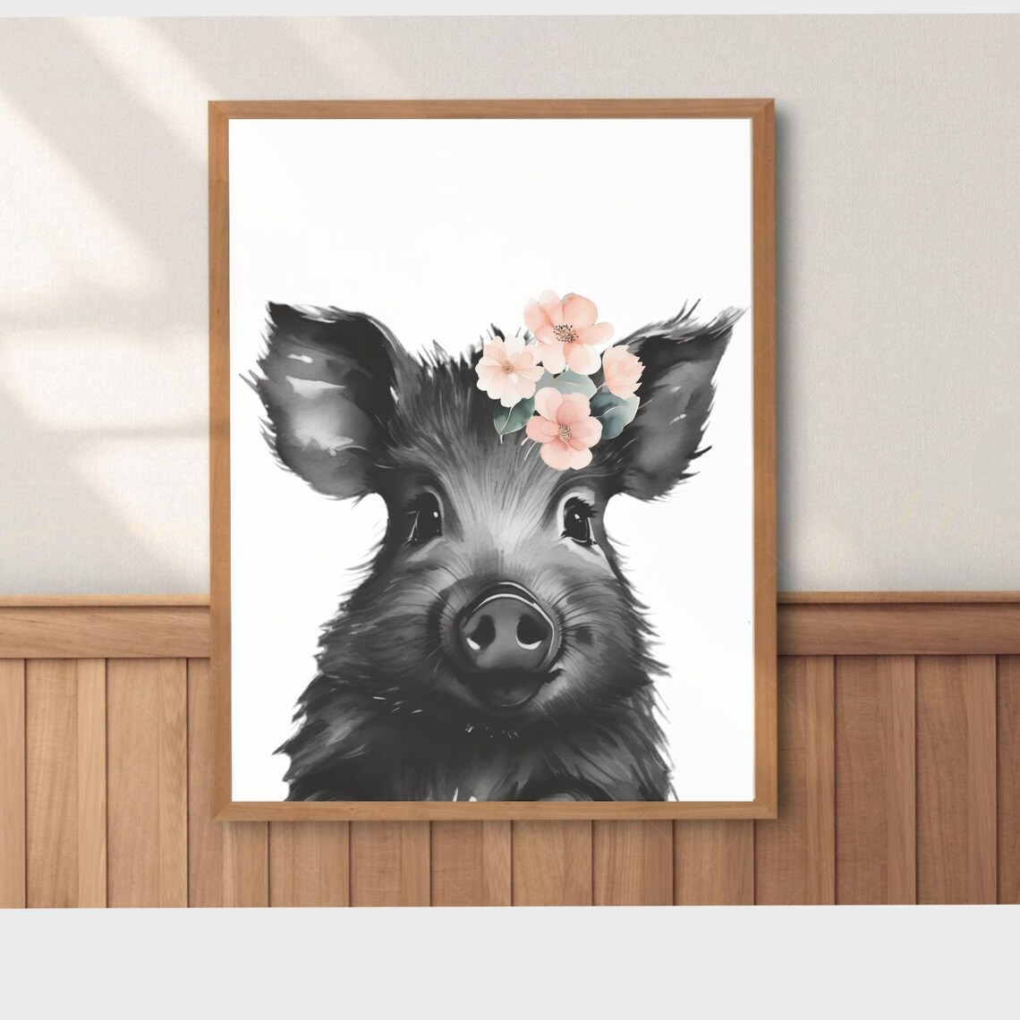 Sweet Black Baby Pig Pink Flower Crown Nursery Room Art Poster - Image 2