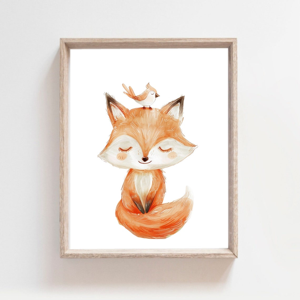 Sleeping Orange Fox Bird Watercolor Woodland Nursery Kids Poster