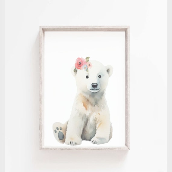 Bear Print Polar Bear Wall Art Bear Cub Print Floral Animal Poster Baby Animal Prints Nursery Wall Art Nursery Decor Girls Room Art