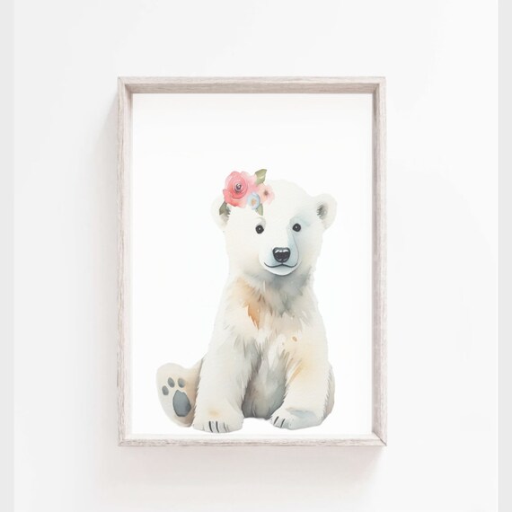 Sweet Polar Bear Cub Flower Crown Watercolor Nursery Art Poster