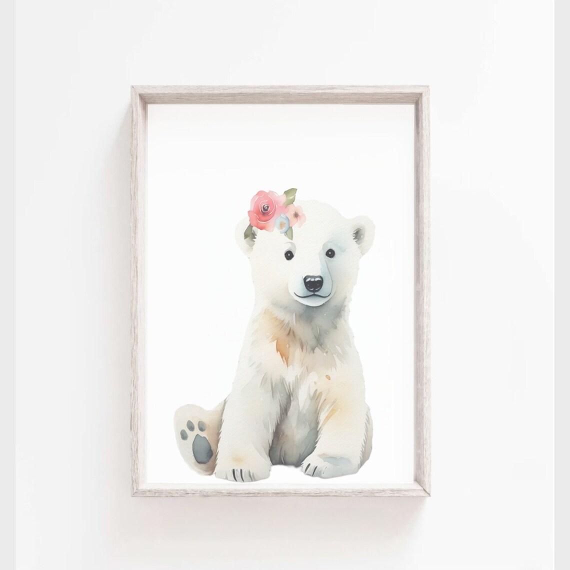 Sweet Polar Bear Cub Flower Crown Watercolor Nursery Art Poster