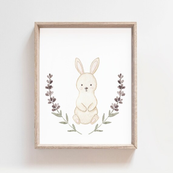Sweet Cream Bunny Botanical Sprigs Watercolor Nursery Poster