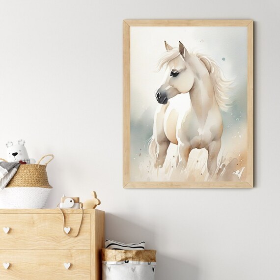 Elegant White Horse Watercolor Majestic Equine Meadow Style Poster
