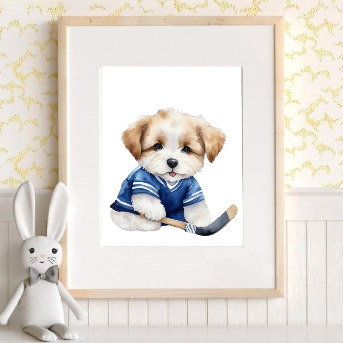 Puppy Hockey Player in Blue Jersey Watercolor Sports Nursery Poster - Image 2