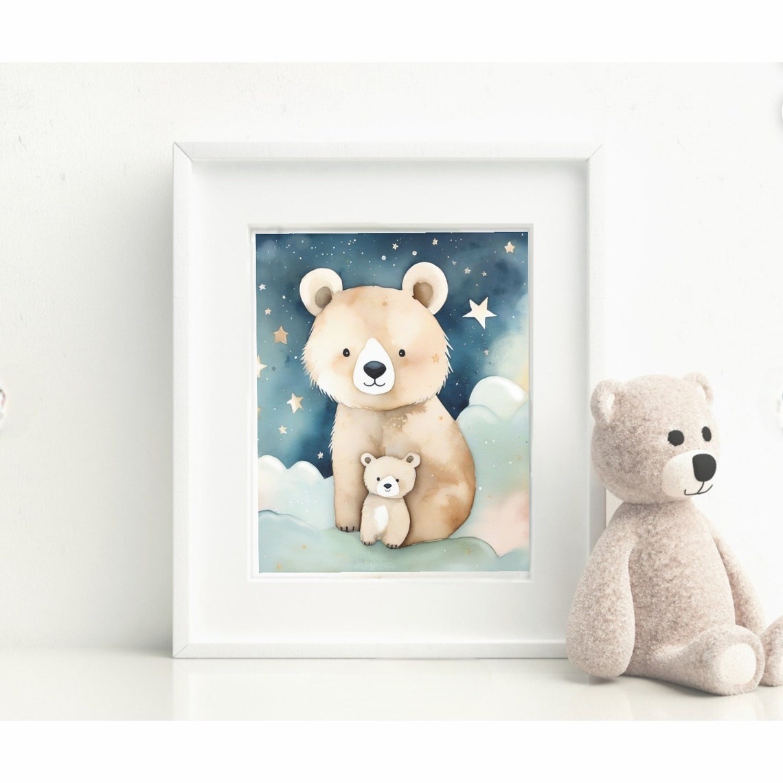 Sweet Mama Bear And Cub Starry Night Sky Watercolor Nursery Poster - Image 2