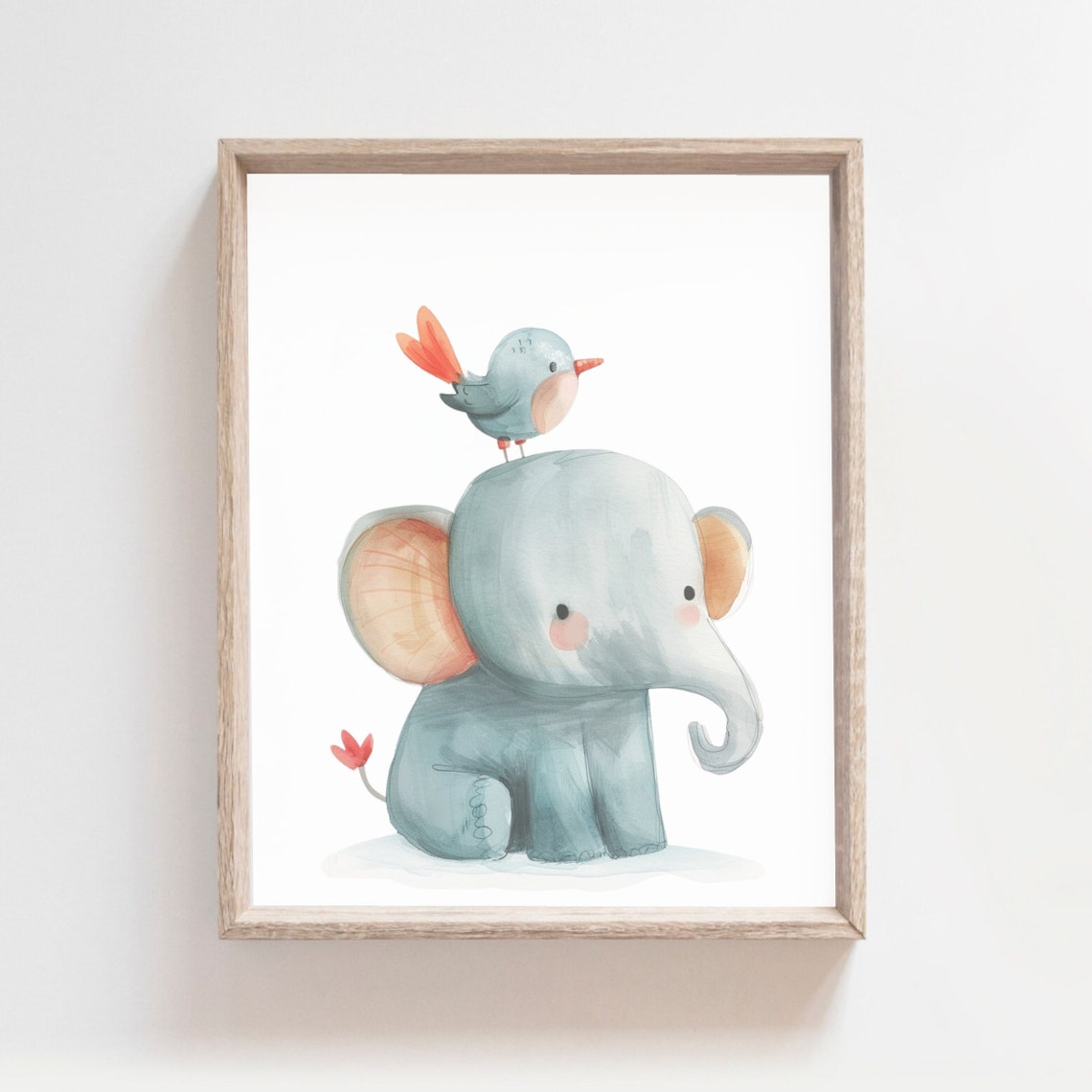 Adorable Baby Elephant With Tiny Bird On Head Watercolor Poster