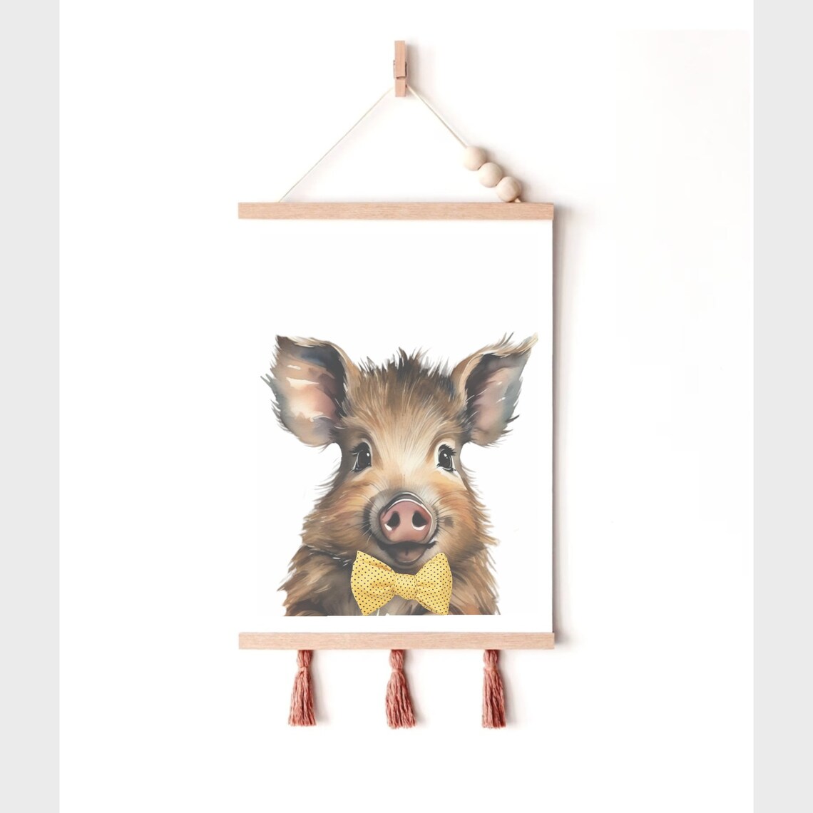 Adorable Baby Piglet Yellow Bow Tie Watercolor Nursery Poster - Image 2