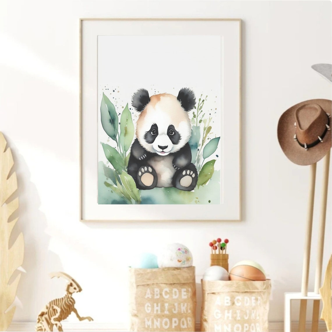 Sweet Baby Panda Cub Sitting Watercolor Greenery Nursery Poster - Image 2