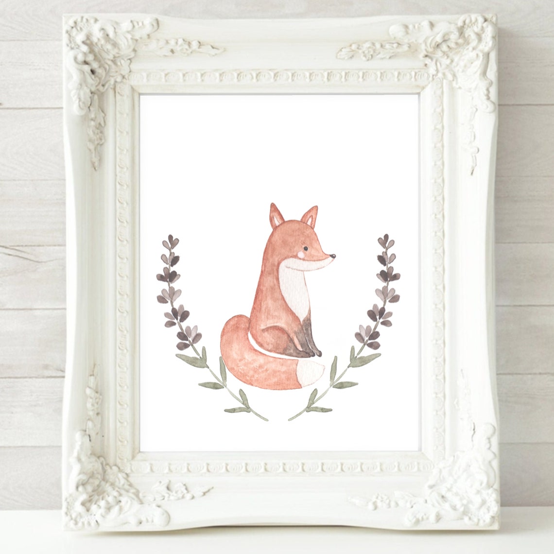 Cute Sitting Fox Woodland Wreath Watercolor Nursery Art Poster - Image 2