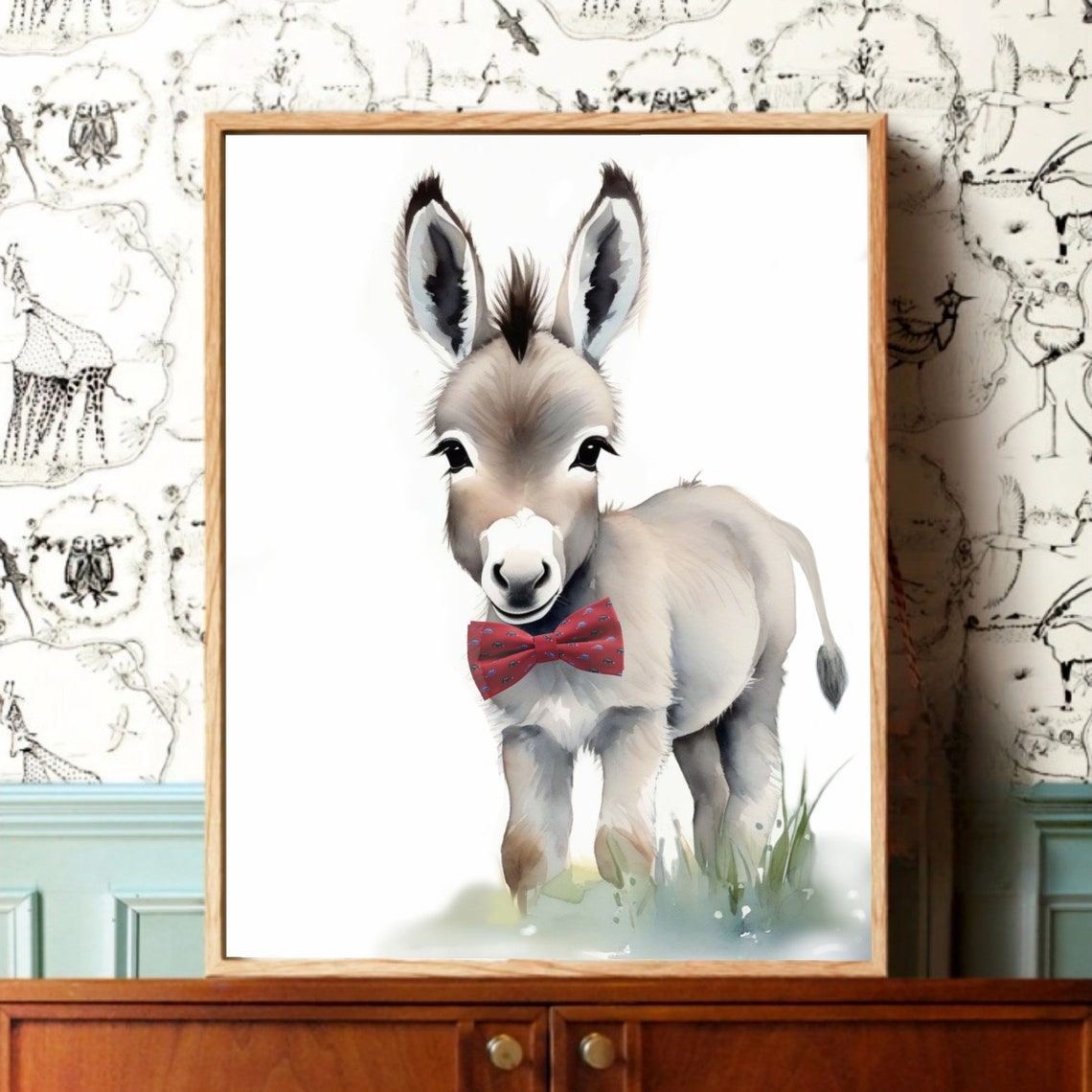 Adorable Baby Donkey Red Bow Tie Watercolor Nursery Art Poster - Image 2
