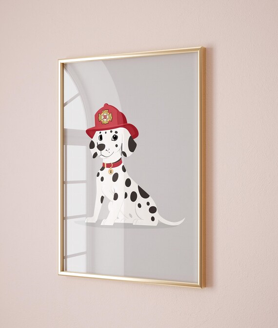 Dalmatian Puppy Wearing Firefighter Helmet Gray Nursery Kids Room Poster