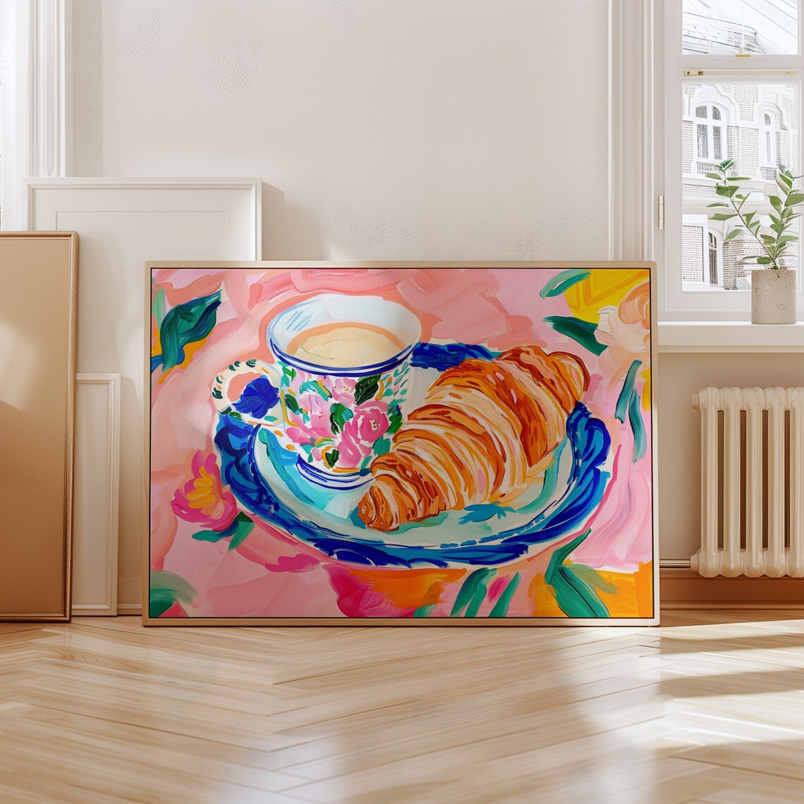 Croissant And Floral Teacup Colorful Kitchen Breakfast Painting Art Poster