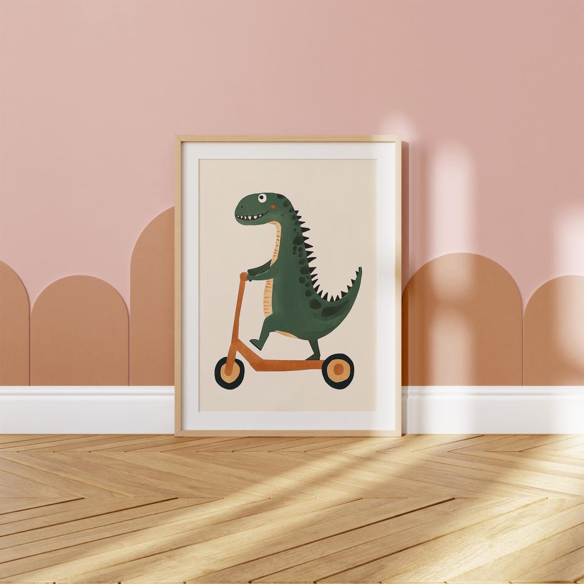 Green T Rex Riding Orange Scooter Cute Kids Dino Nursery Poster - Image 2