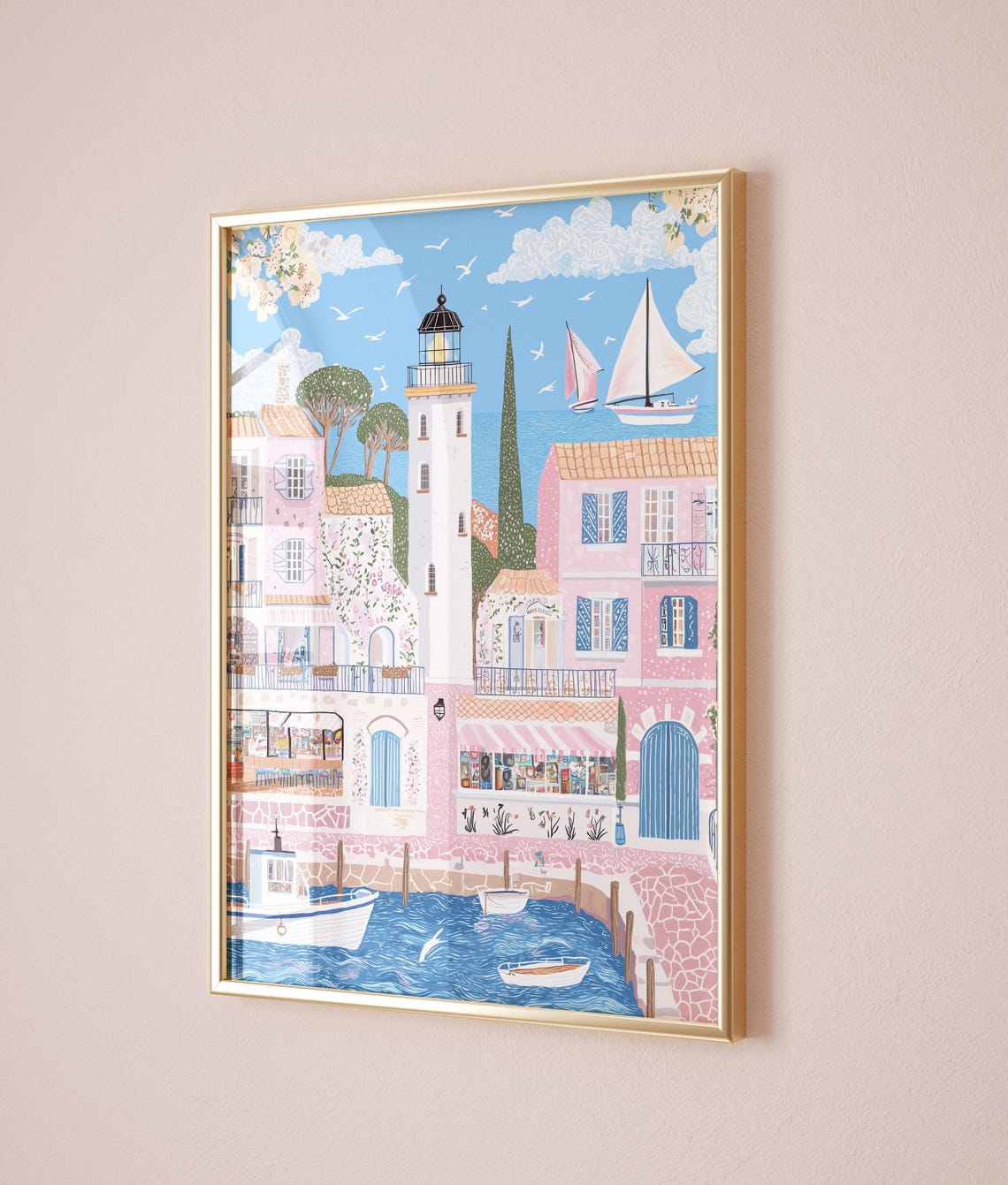 Mediterranean Lighthouse Harbor Pink Seaside Town Boats Poster - Image 3