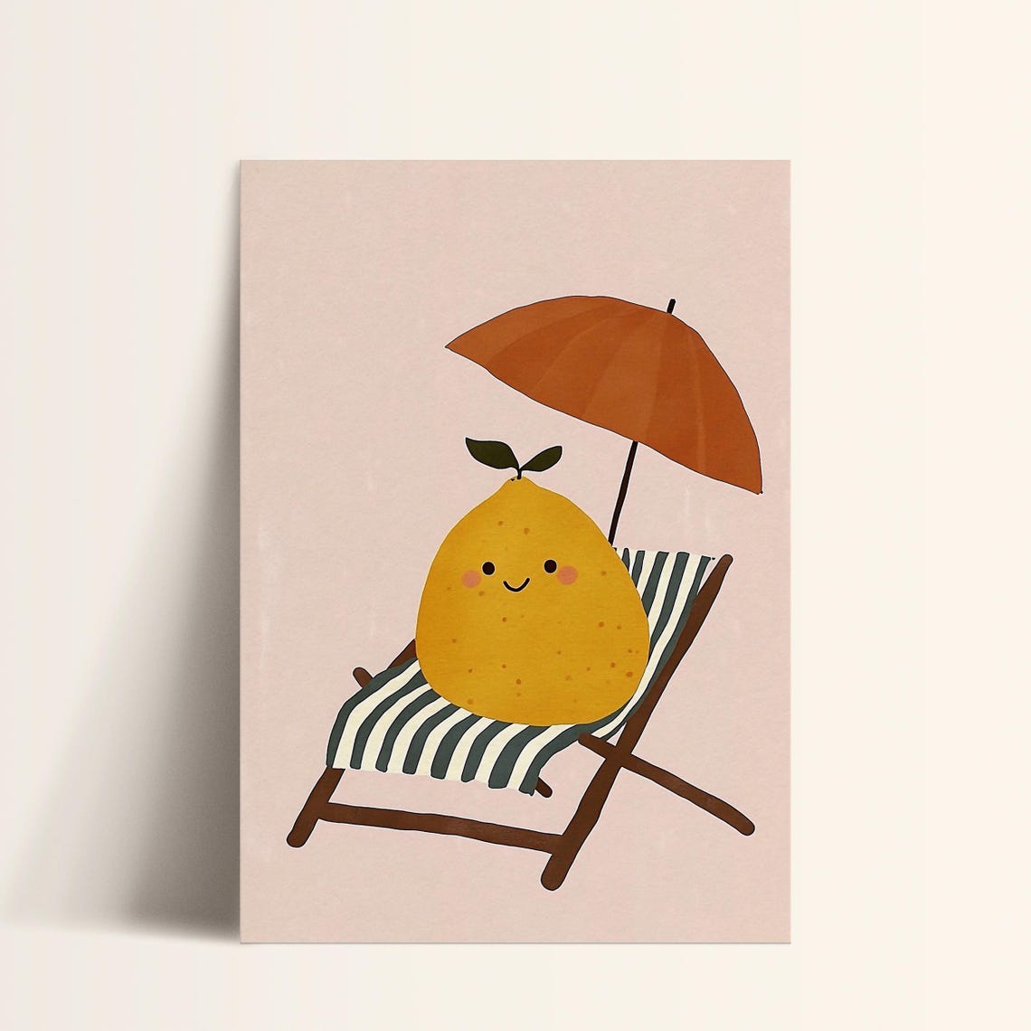 Smiling Lemon Striped Deck Chair Beach Umbrella Summer Art Poster
