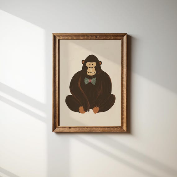 Gorilla With Bow Tie Print Modern Jungle Decor Kids Room Wall Art Playful Animal Poster Playroom Decor Toddler Roon