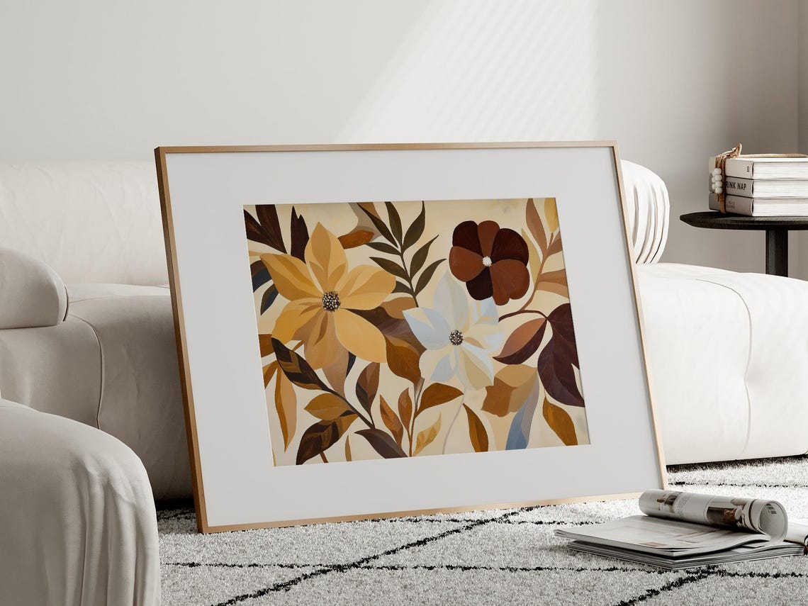 Earth Tone Abstract Floral Print Gold Brown Modern Botanical Wall Art - Image 2
