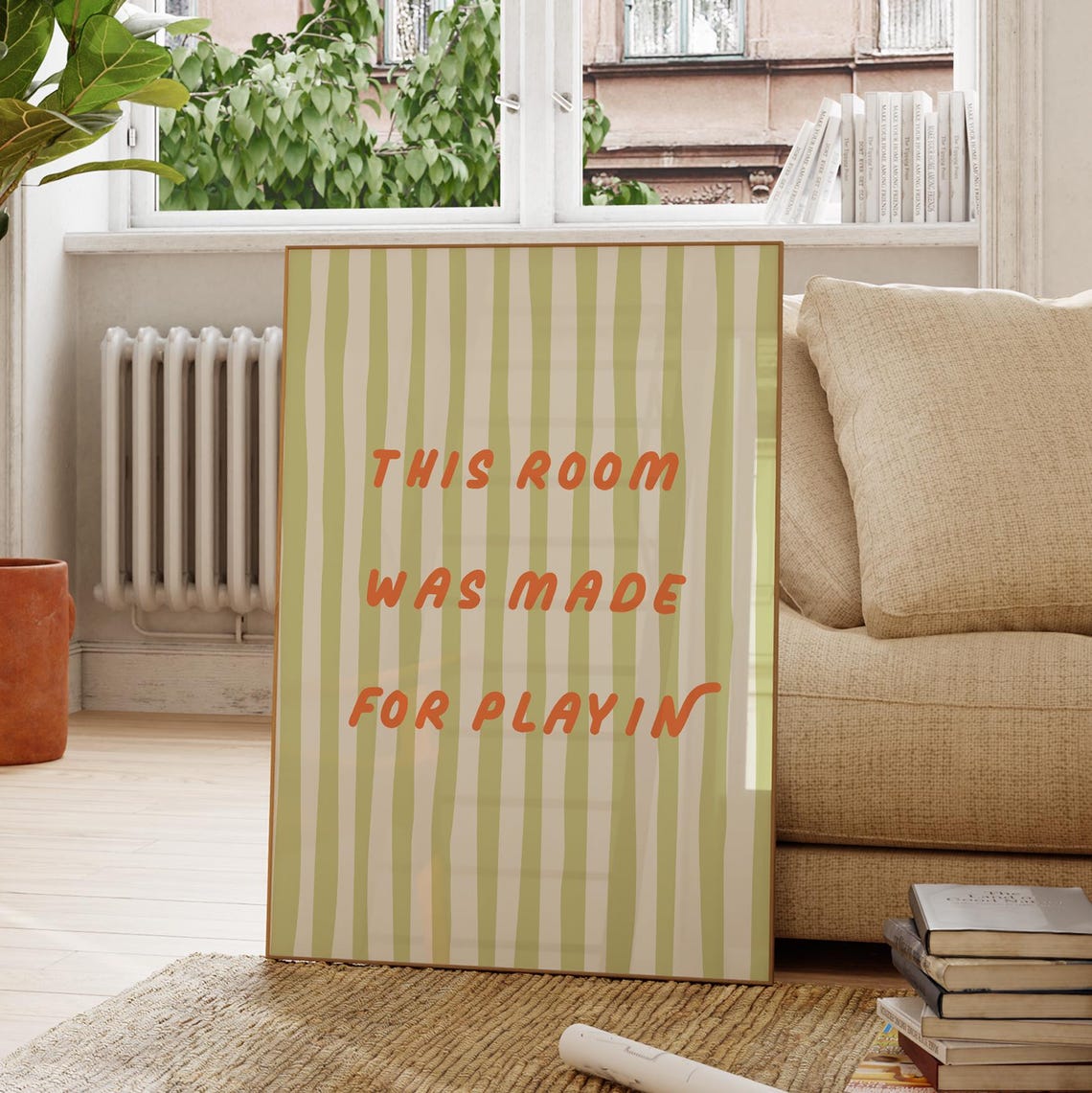 This Room Was Made For Playin Quote Green Striped Playroom Poster - Image 2
