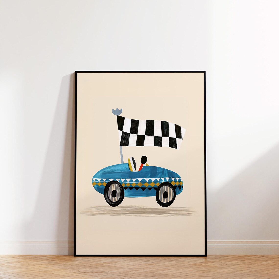 Race Car Art Poster for Boys Room with Checkered Flag Style Decor - Image 2