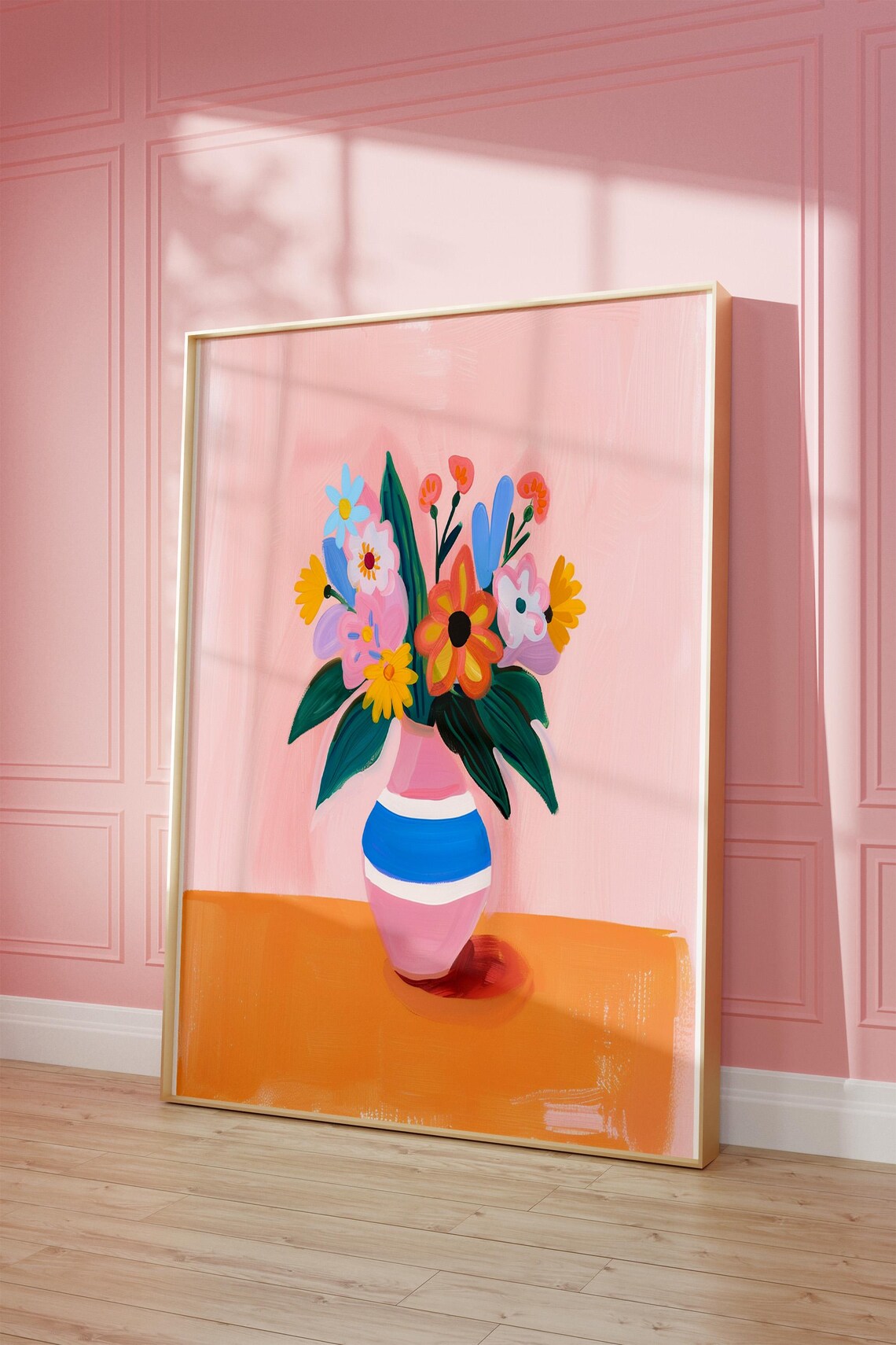 Bright Floral Vase Art Poster with Colorful Bouquet on Pink Wall