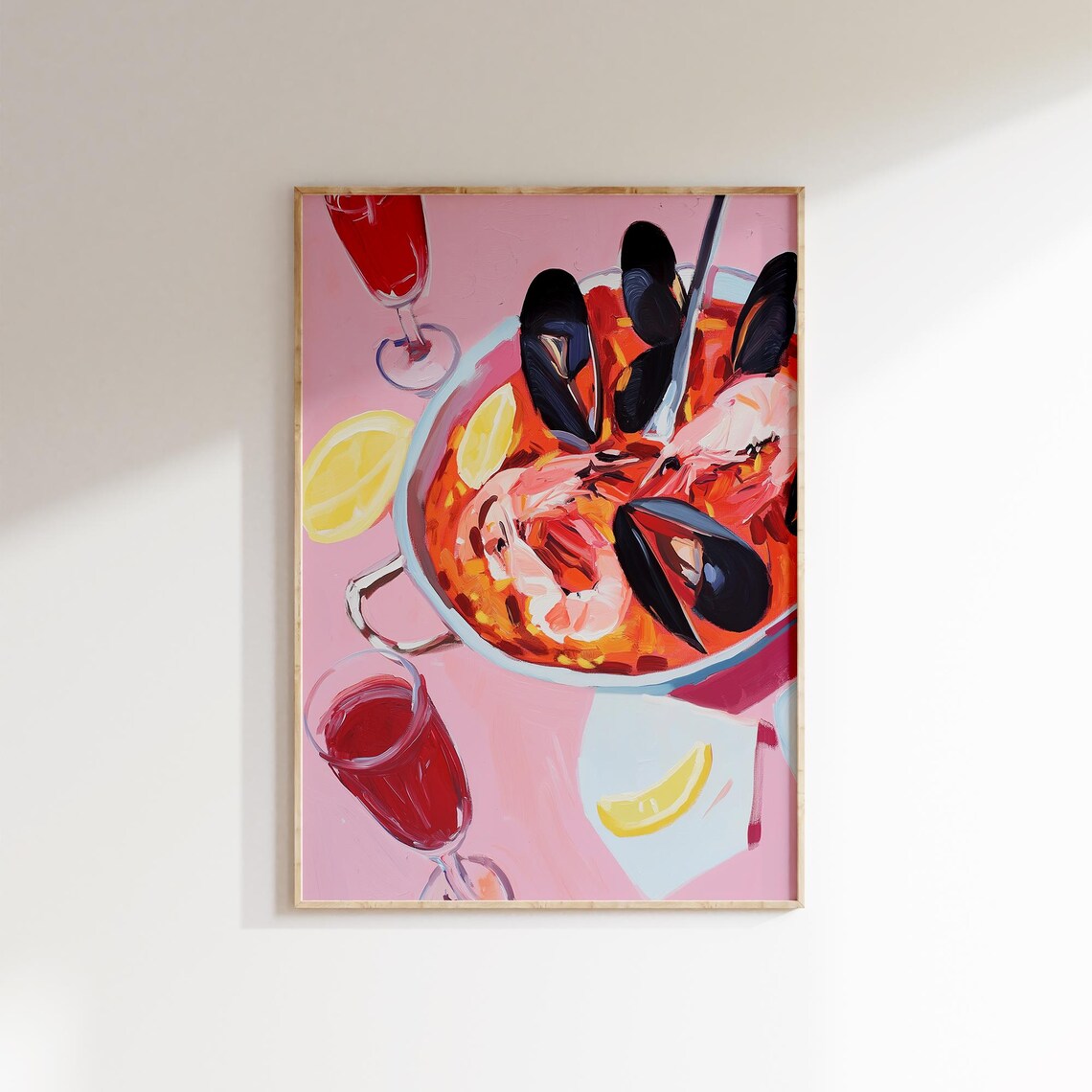 Spanish Seafood Paella With Shrimp Mussels Wine Pink Food Art Poster